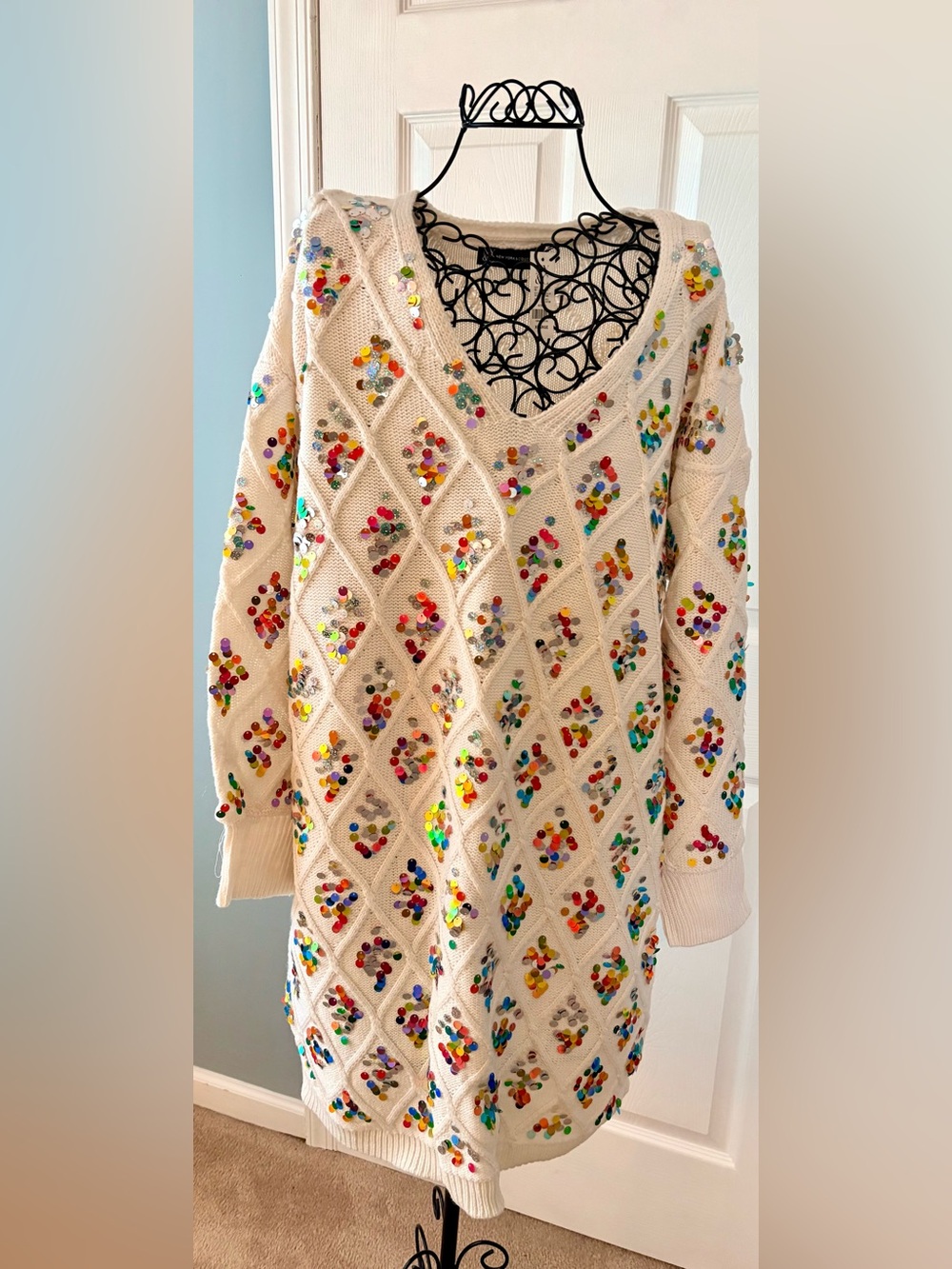 NY&Co Cream Sequin Embellished Knit Sweater Dress